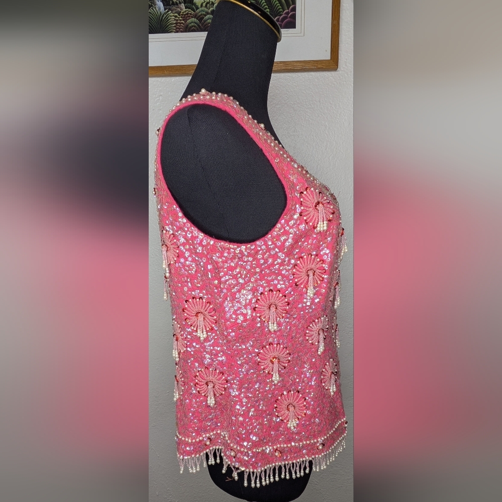 Women's Vtg Pink Lined 100% Lambswool Beaded Sequin Formal Sleeveless Tank Sz L - Picture 2 of 5